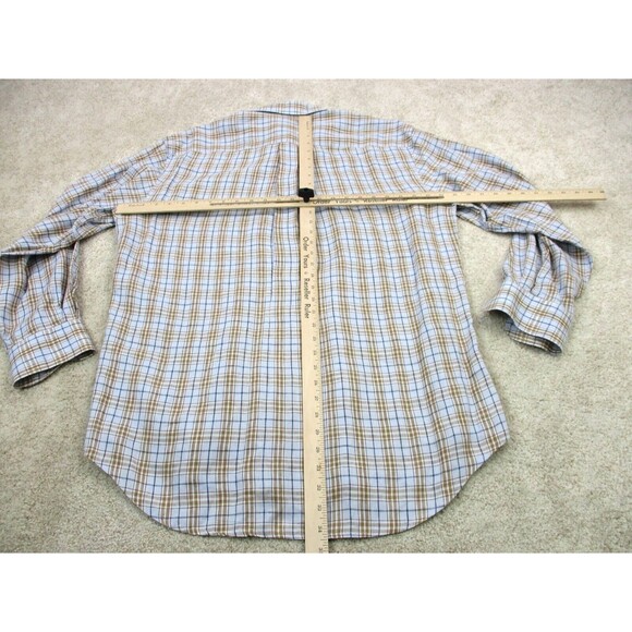 Peter Millar Shirt Adult Large Blue Brown Plaid Button Up Linen Cotton Mens - Picture 9 of 13